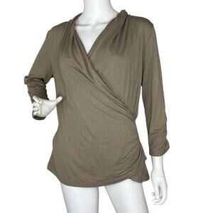 Peter Hahn Women’s V Shirt Top 3/4 Sleeve Surplice Taupe Size US L UK 16